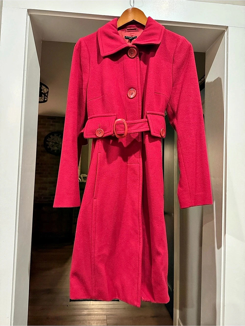 Sisley Women's Belted Wool-Style Coat in Red (Like New)